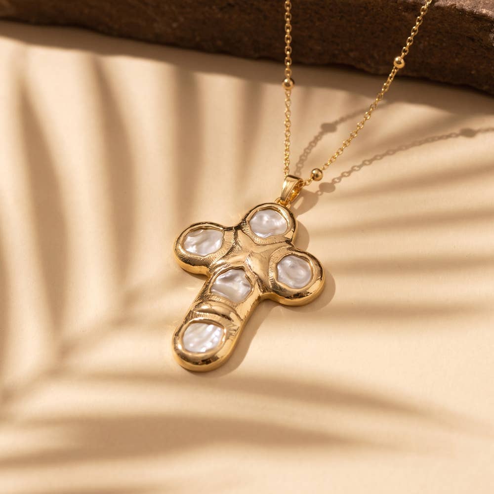 Sculpted Pearl Cross Bead Station Necklace - House Of Jedidiah