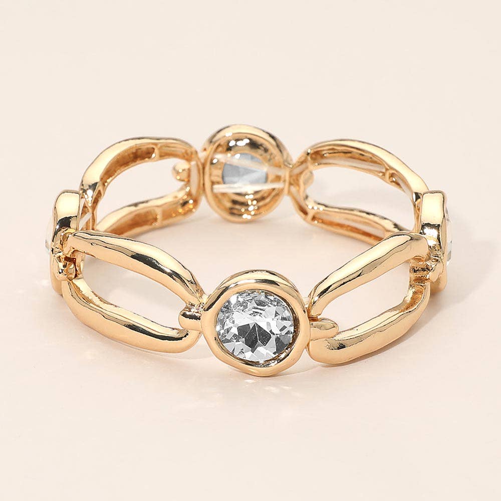 Round Crystal Hammered Metal Open Oval Stretch Bracelet