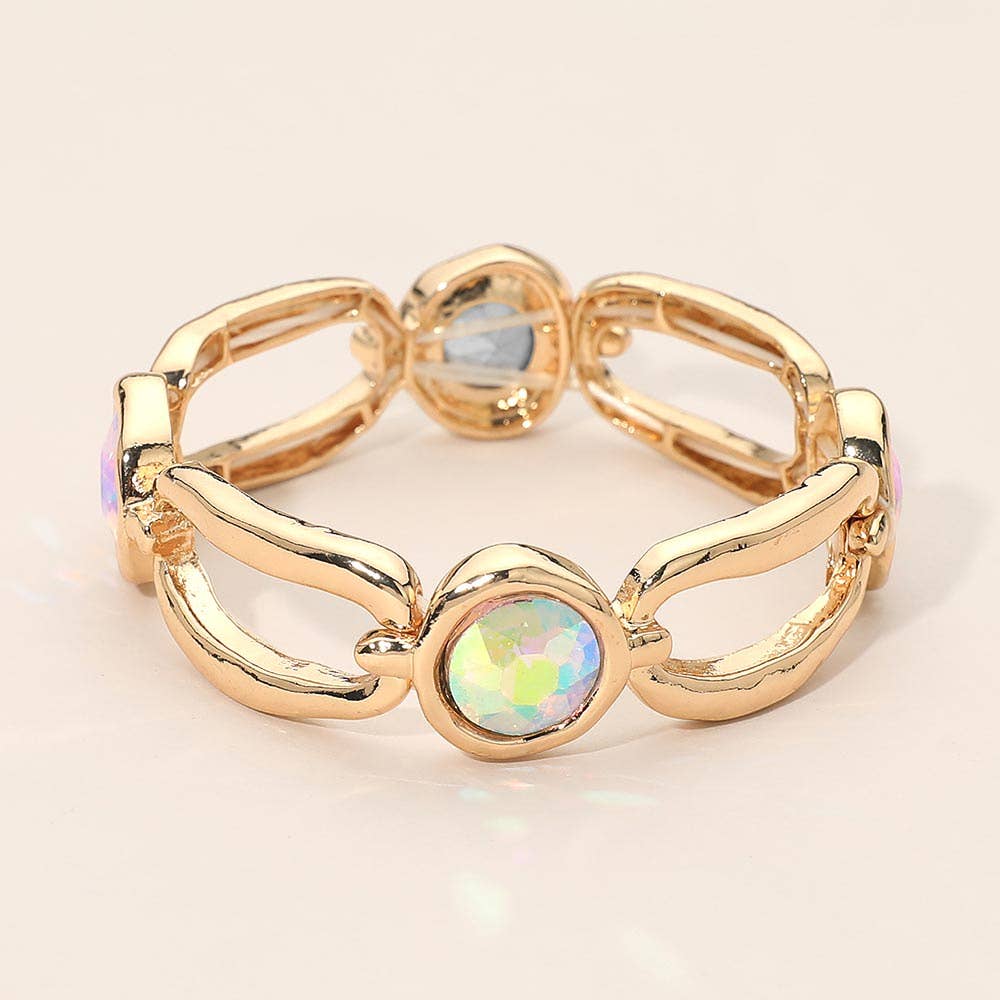 Round Crystal Hammered Metal Open Oval Stretch Bracelet