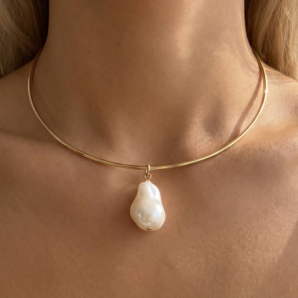Baroque Pearl Drop Omega Wire Rigid Collar Necklace - House Of Jedidiah
