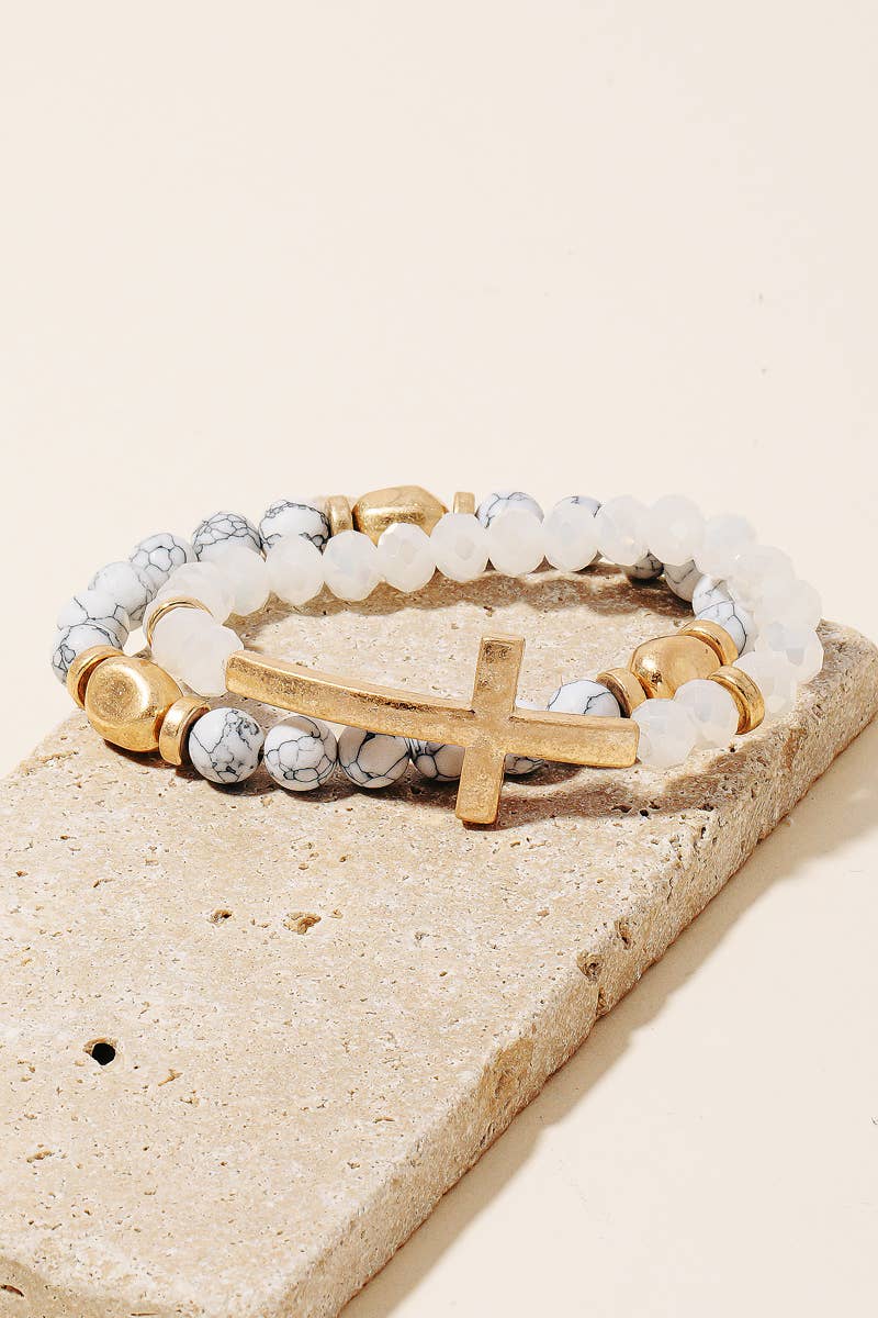 Cross Charm Stone Beaded Bracelet Set - House Of Jedidiah