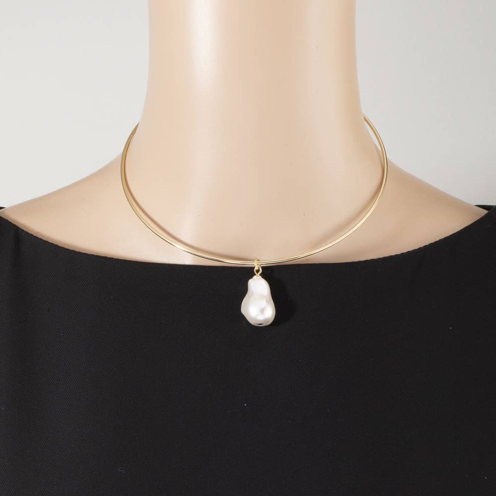 Baroque Pearl Drop Omega Wire Rigid Collar Necklace - House Of Jedidiah