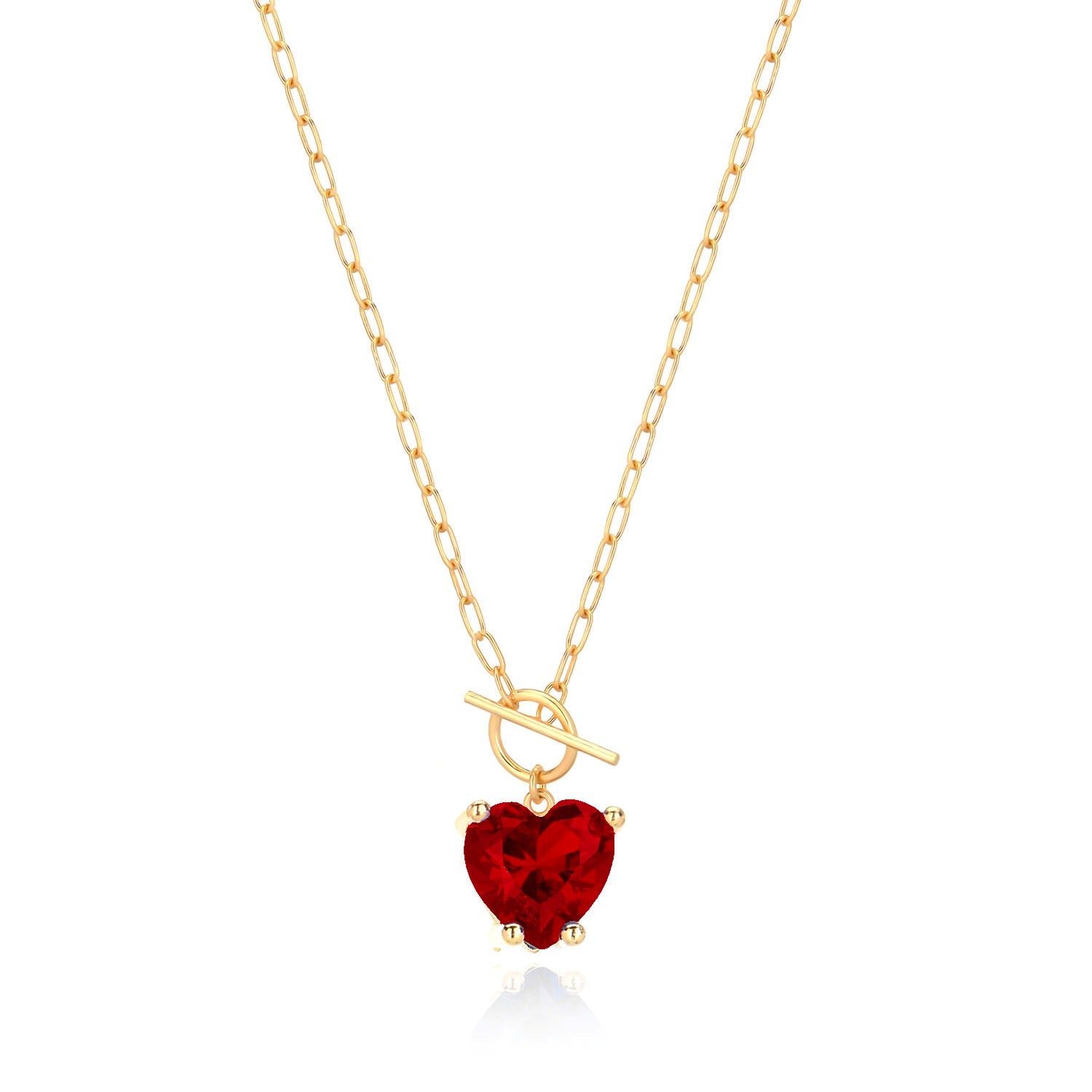 Heart-shaped ruby pendant necklace in 18k gold plated stainless steel