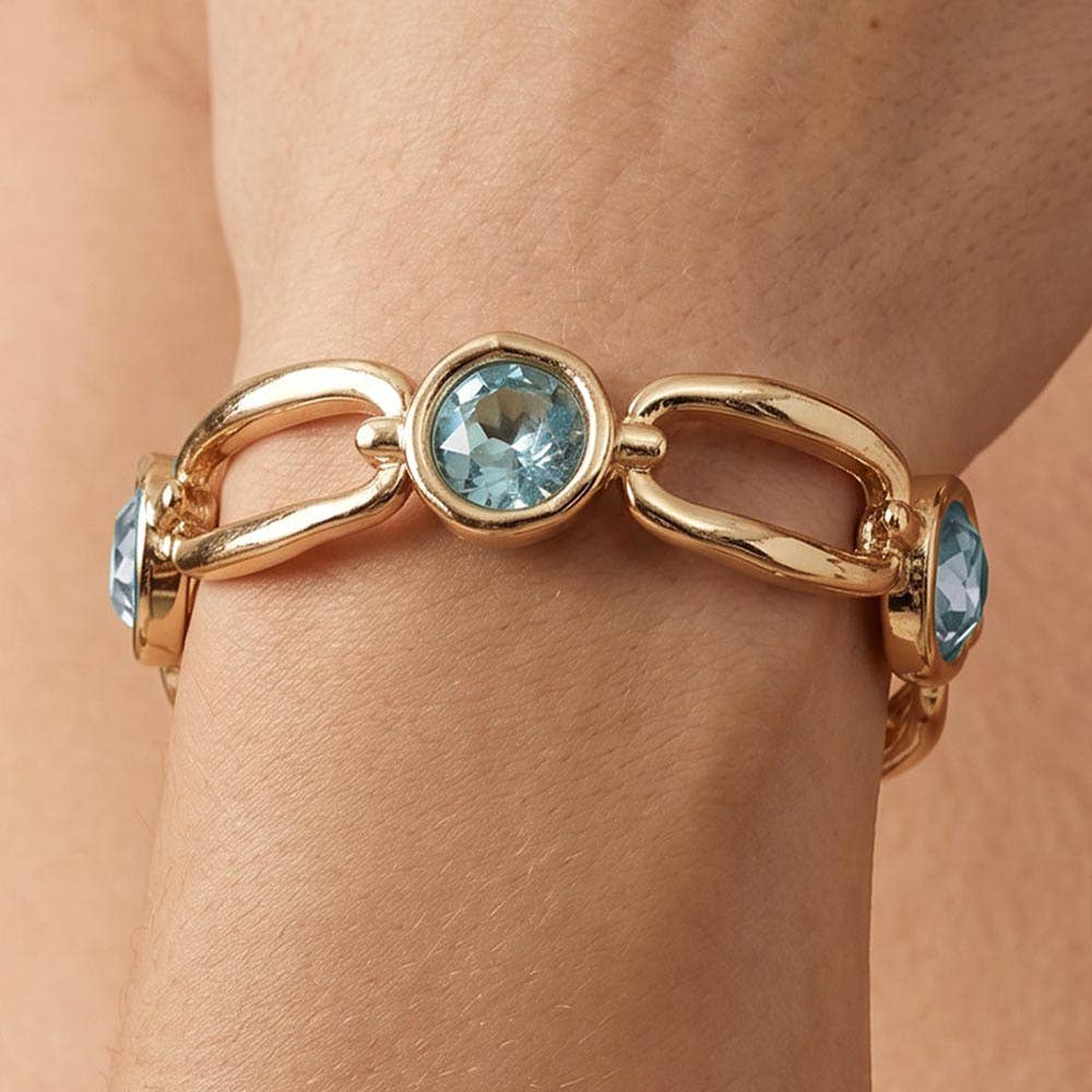 Round Crystal Hammered Metal Open Oval Stretch Bracelet