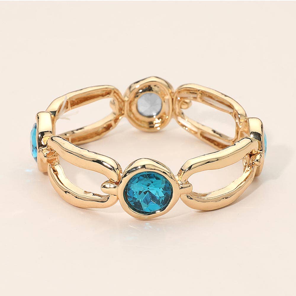 Round Crystal Hammered Metal Open Oval Stretch Bracelet