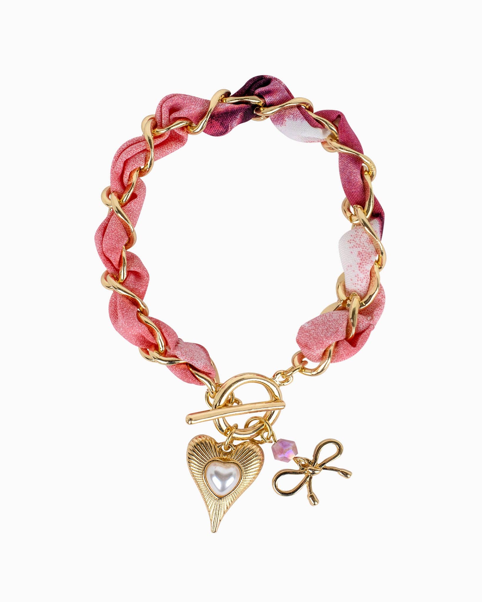 Floral Fabric Chain Link With Pearl Heart Charm Bracelet