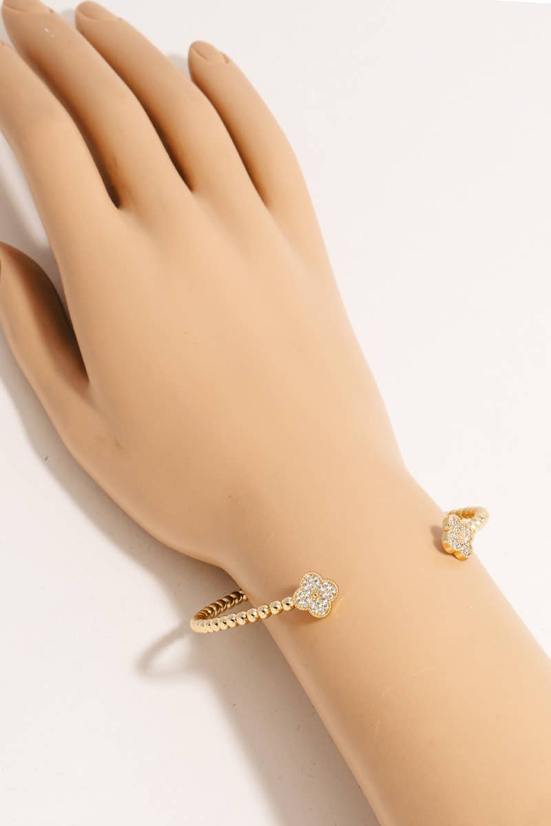 Double Cz Pave Clovers Solid Ball Bead Cuff Bracelet - House Of Jedidiah