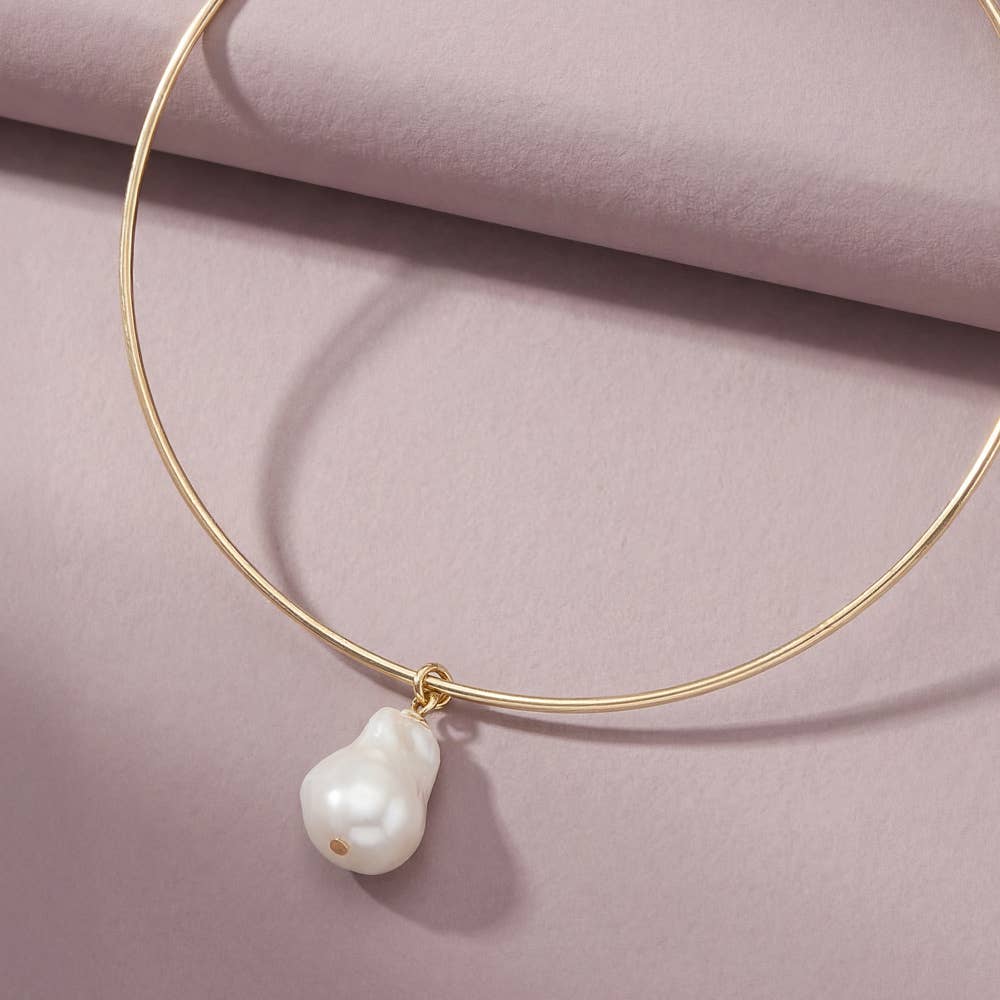 Baroque Pearl Drop Omega Wire Rigid Collar Necklace - House Of Jedidiah