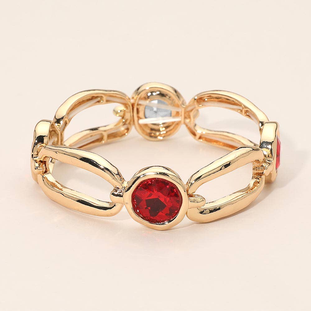 Round Crystal Hammered Metal Open Oval Stretch Bracelet