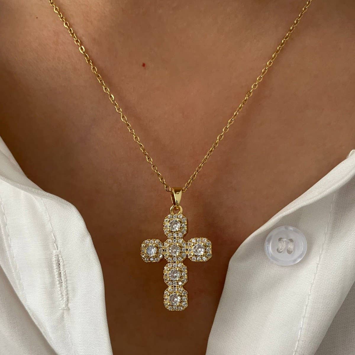 Rhinestone Cross Necklace | Gold Minimal Jewelry Accent Set - House Of Jedidiah