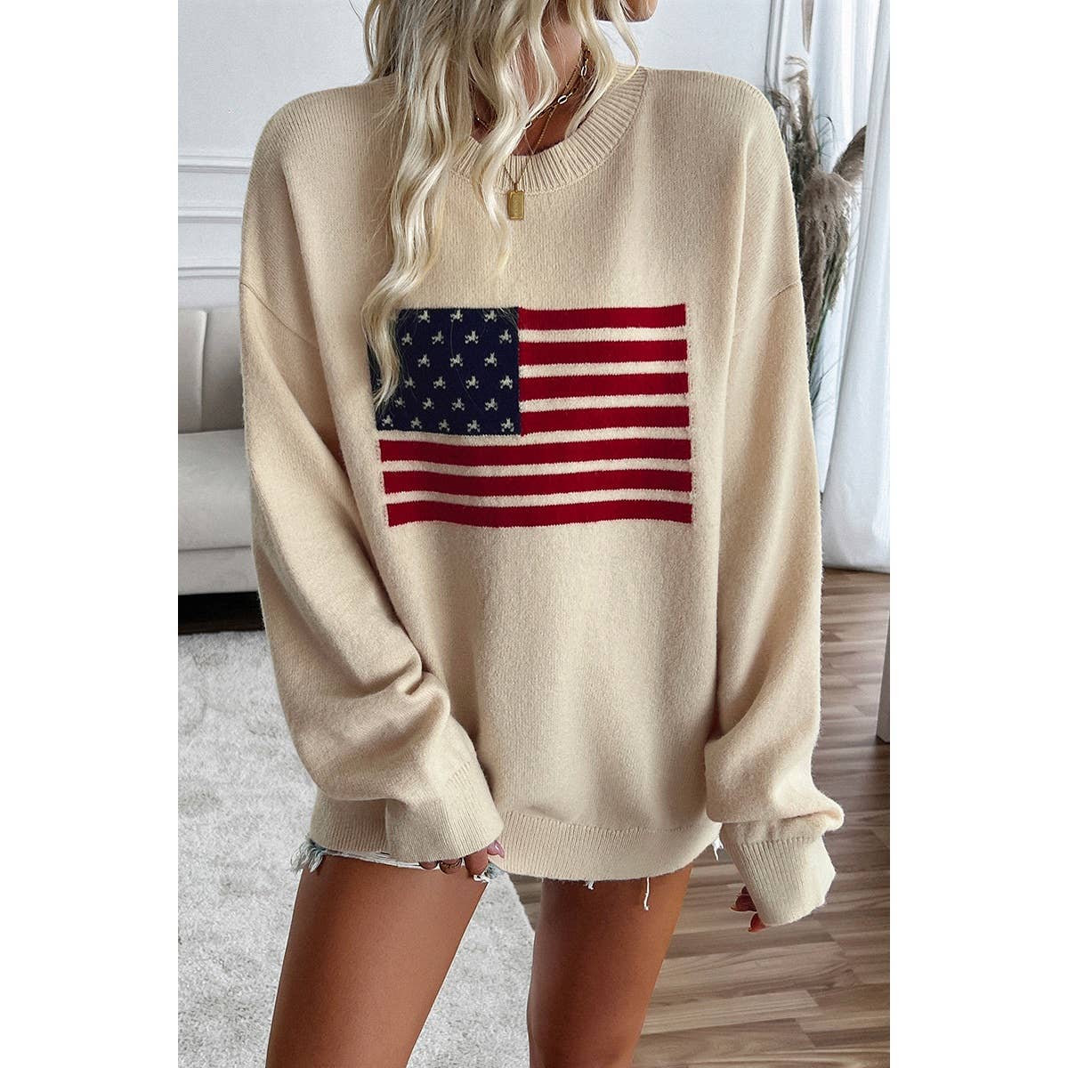 Knit Round Neck Flag Print Loose Fit Sweater - House Of Jedidiah