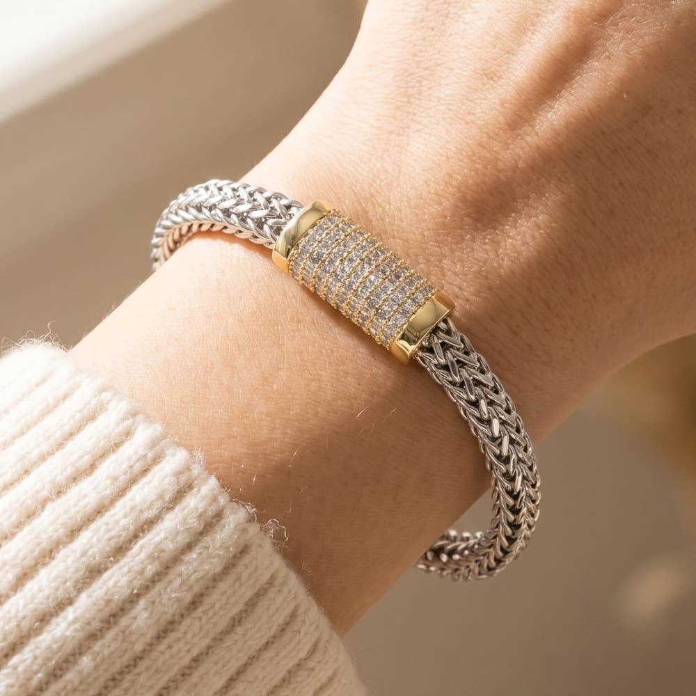 Two Tone Woven Chain Cz Bracelet - House Of Jedidiah