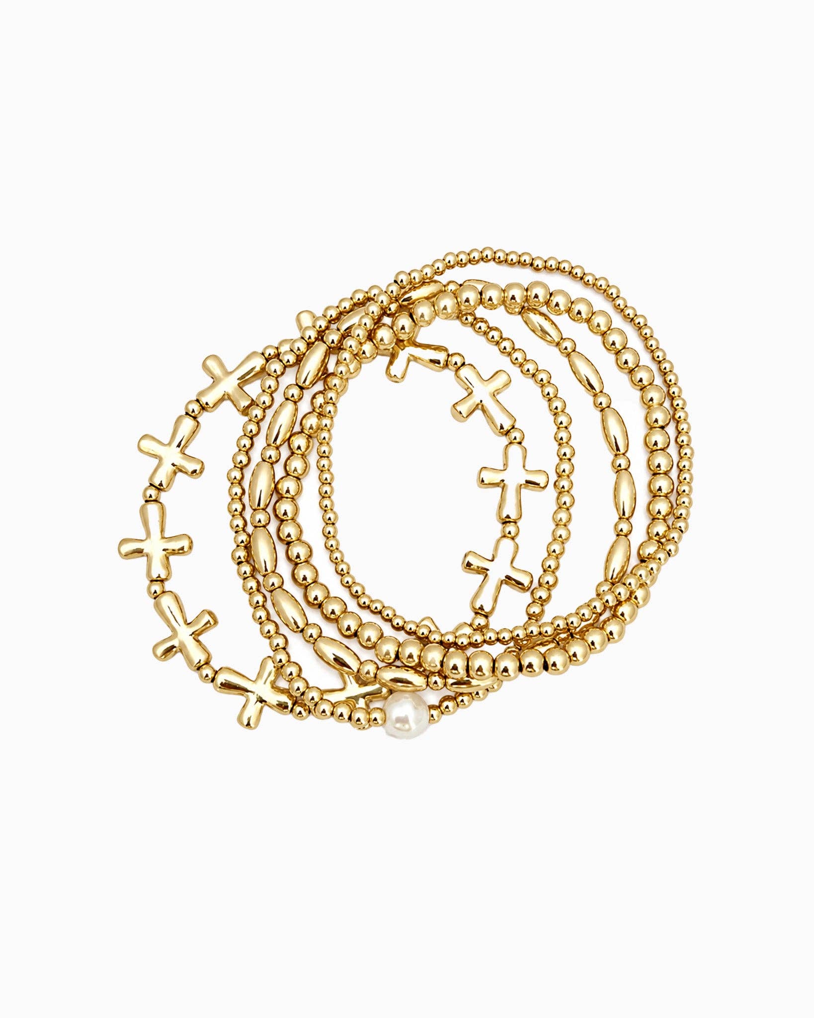 Cross & Pearl 5-Piece Stretch Bracelet Set