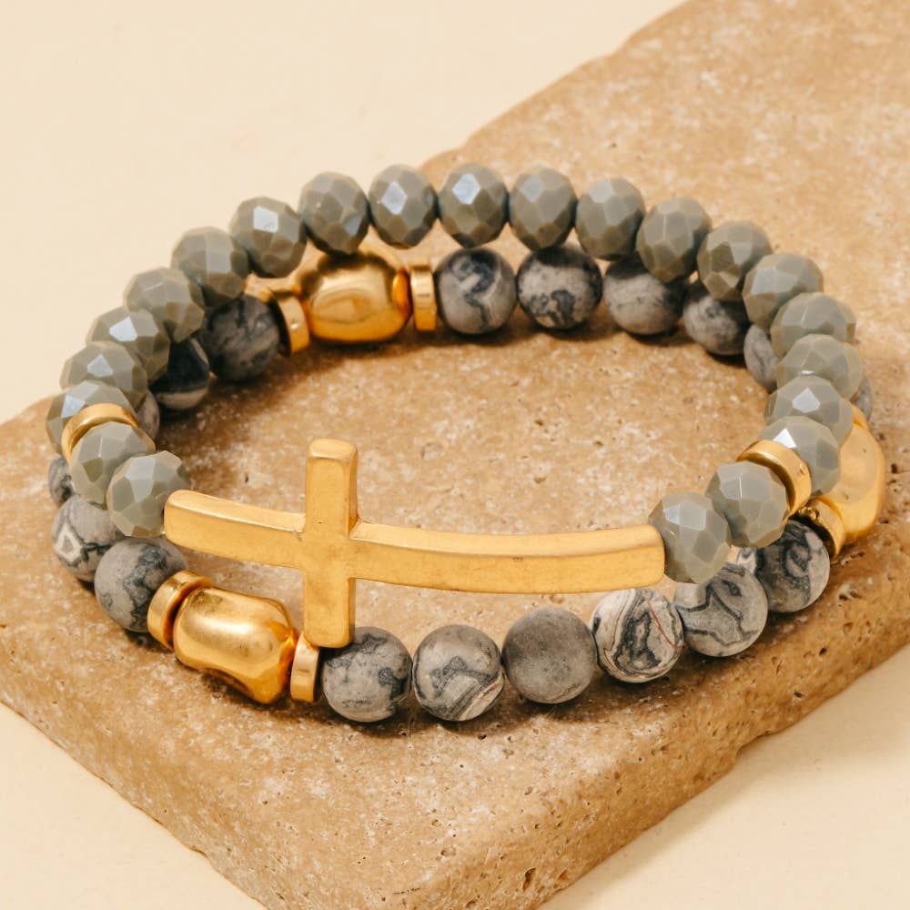 Cross Charm Stone Beaded Bracelet Set - House Of Jedidiah