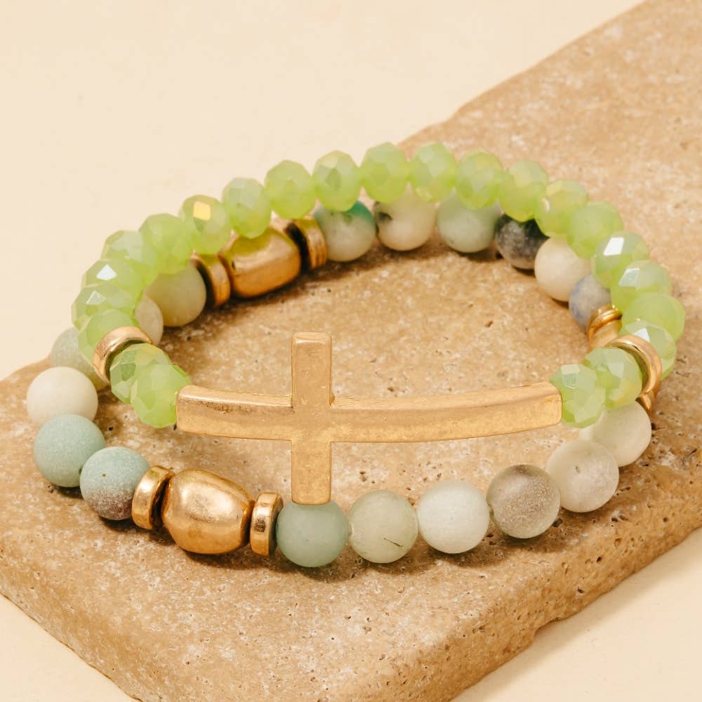 Cross Charm Stone Beaded Bracelet Set - House Of Jedidiah