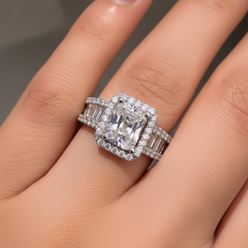 Engagement Diamond ring on a finger with a blurred background