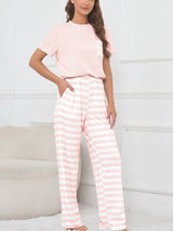 Short Sleeved Top With Striped Printed Drawstring Pants Set - House Of Jedidiah