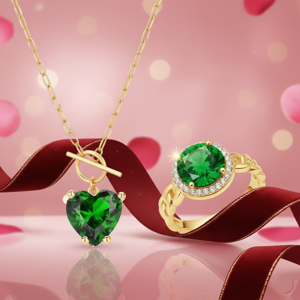 Gold necklace with green heart pendant and gold ring with green gemstone on a pink background