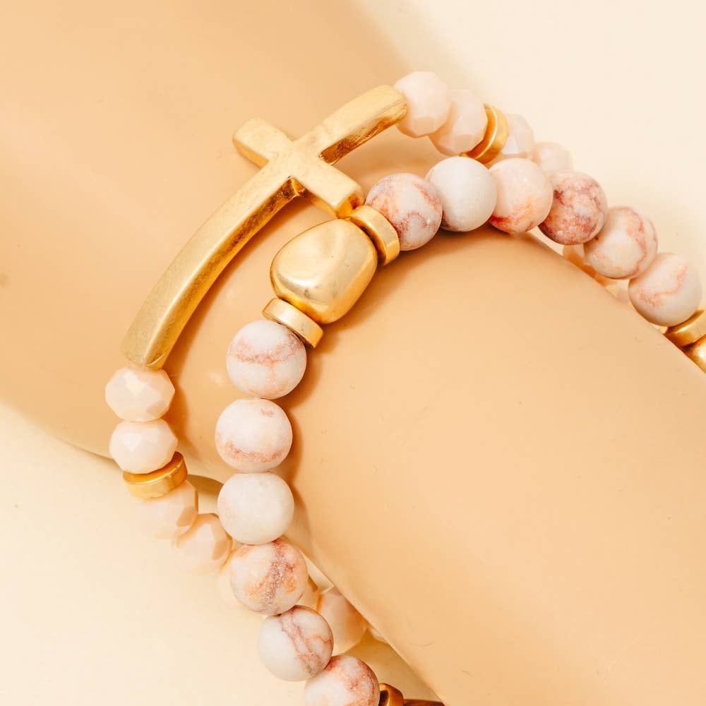 Cross Charm Stone Beaded Bracelet Set - House Of Jedidiah