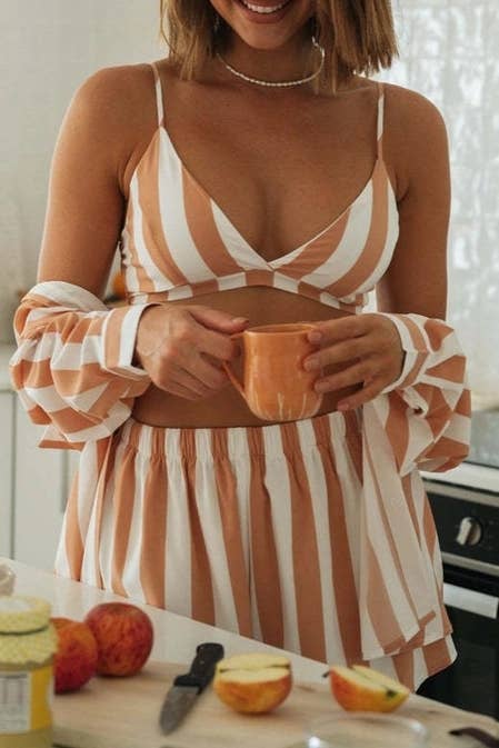 Ladies Stripe Top and Shorts Daily 3PCS Set SKST1704 - House Of Jedidiah