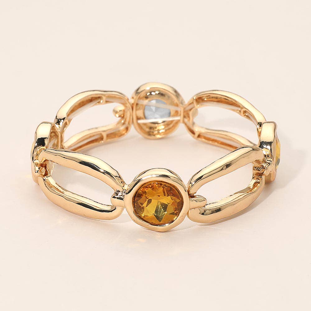 Round Crystal Hammered Metal Open Oval Stretch Bracelet