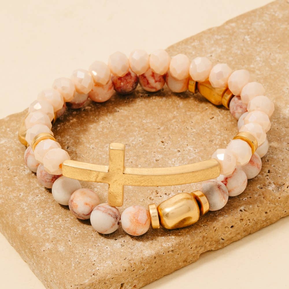 Cross Charm Stone Beaded Bracelet Set - House Of Jedidiah