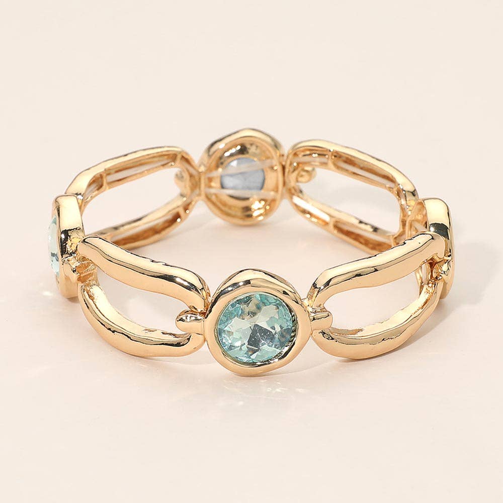 Round Crystal Hammered Metal Open Oval Stretch Bracelet