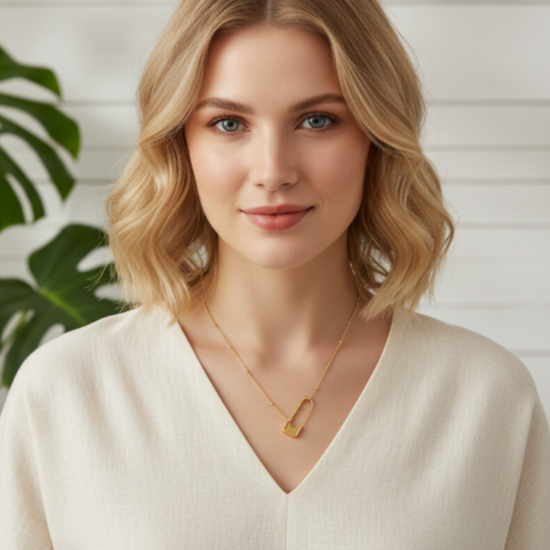 Giada thin gold chain necklace with bobby pin-shaped pendant in 18k gold plated stainless steel
