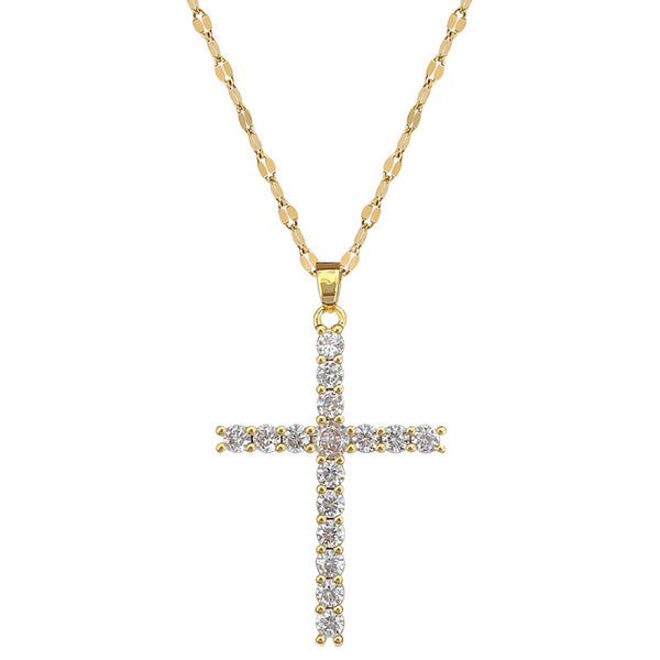 Gloria Cross Necklace – 18k gold plated stainless steel cross pendant with diamond-cut stones