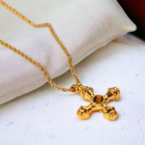 Christian jewelry gold cross necklace with Tiger Eye gemstones, faith and strength design