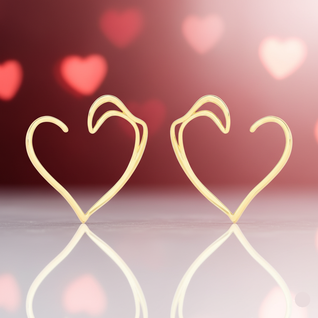 Gold heart-shaped earrings on a reflective surface with blurred heart lights in the background