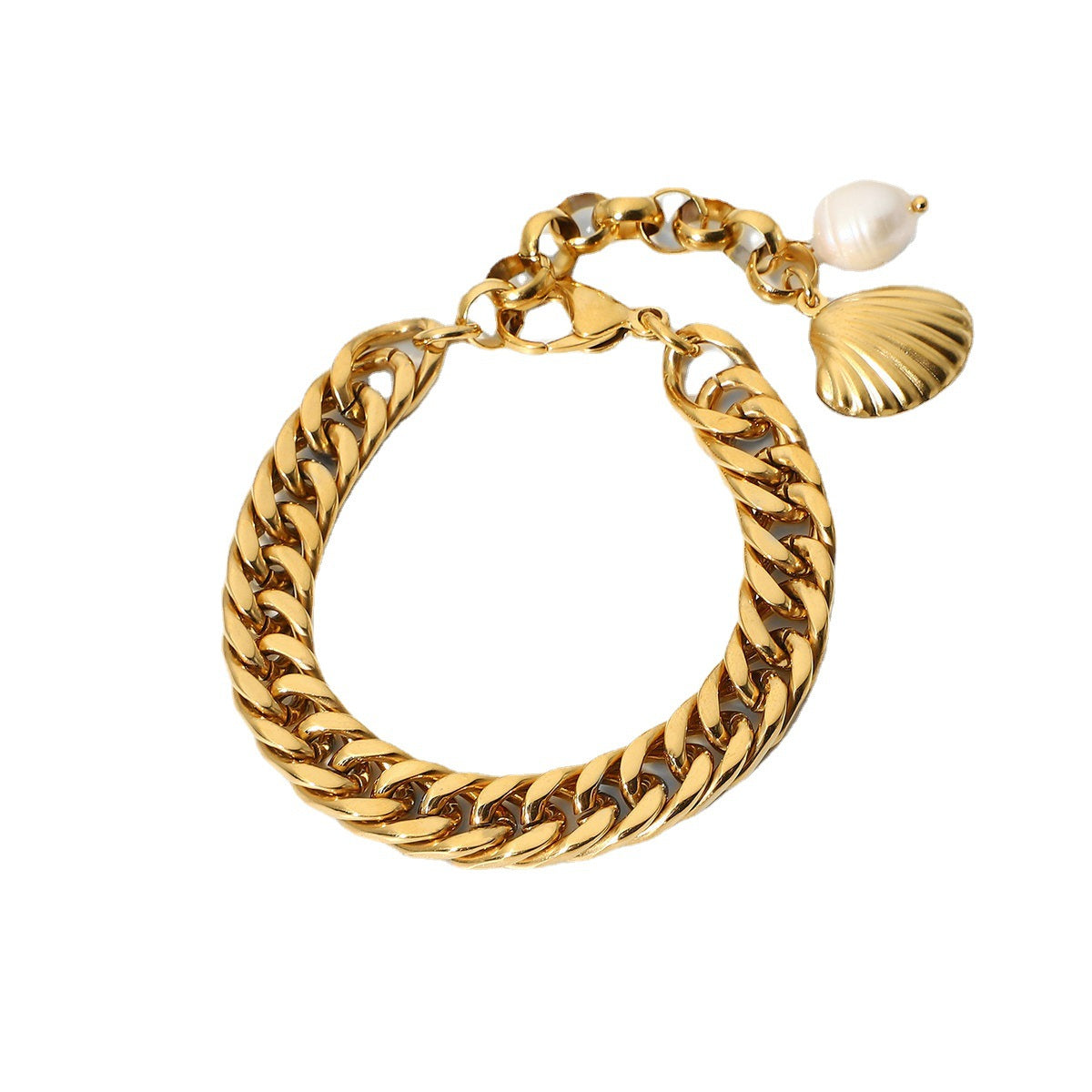 Rimini Pearl Cuban Link Bracelet – 18k gold-plated bracelet with freshwater pearls and shell charm