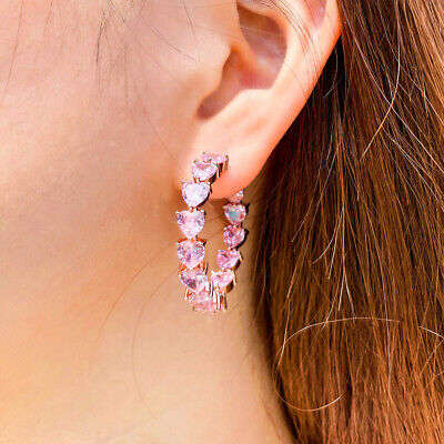 "Coeur de Rose" – Pink Zirconia Heart-Shaped Hoop Earrings