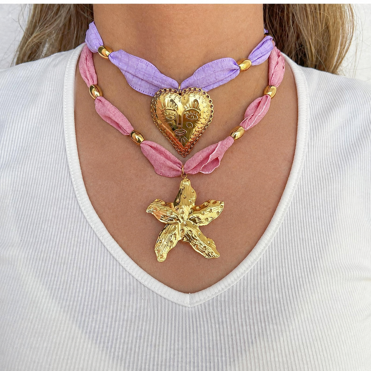 Scarf Statement Necklace | Gold Charm Pendant Style