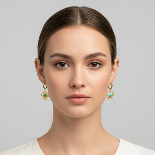 Model wearing Sorrento Turquoise Sunburst Hoop Earrings with sunray design