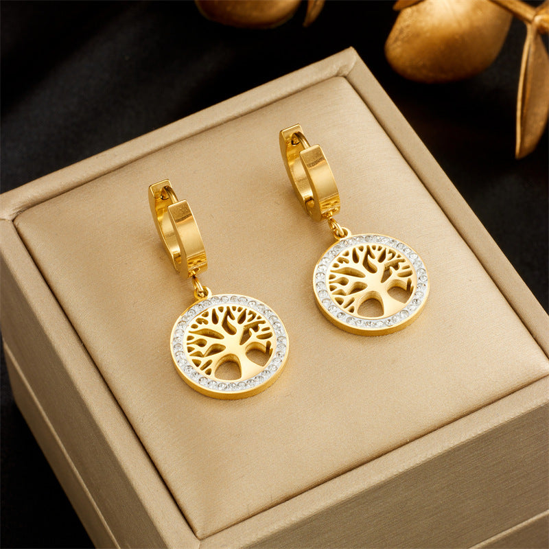 Elysia Tree of Life Diamond-Cut Earrings – 18k gold plated stainless steel round earrings