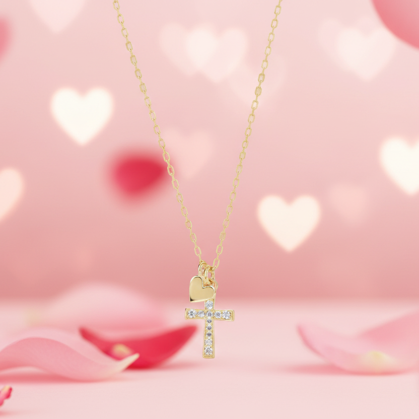 Gold necklace with a cross pendant on a soft beige background