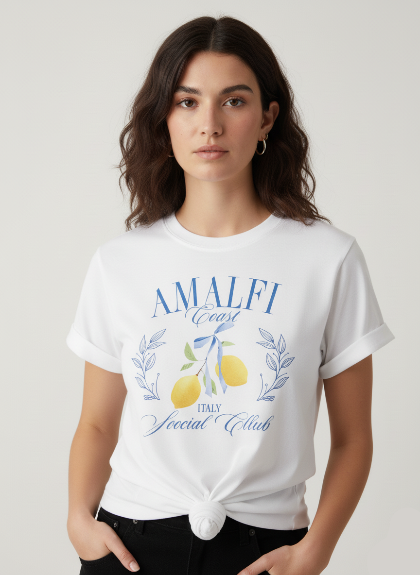 Woman wearing a white t-shirt with 'Amalfi Coast Italy Social Club' design.